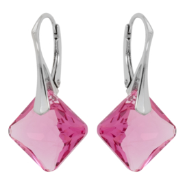 Zilveren Oorbellen - Swarovski Kristal Elements -  Princess Roze 16MM