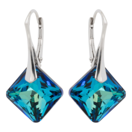Zilveren Oorbellen  - Swarovski Kristal Elements -  Princess Bermuda Blauw 16MM