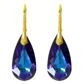 Goud Vergulde Zilveren Oorbellen - Swarovski Kristal Elements - Heliotrope Paars Blauw - 24MM