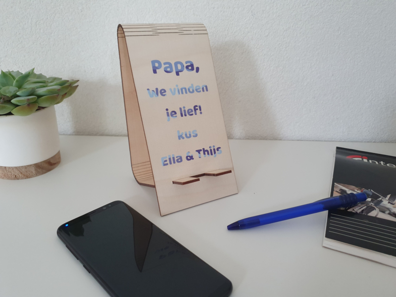 Houten telefoonhouder met tekst Woondecoratie Hout &amp; Ster