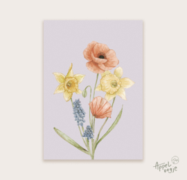 Ansichtkaart boeket klaprozen, narcissen & blauwe druif
