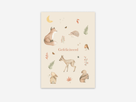 Ansichtkaart gefeliciteerd bosdieren beige