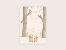 Ansichtkaart konijnen in het bos + hartjes