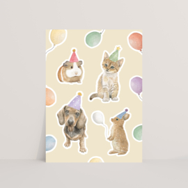 Ansichtkaart huisdierenfeestje