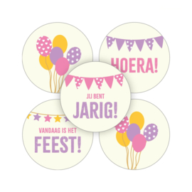 Feest / jarig sticker roze & paars - sticker