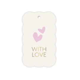 Kadolabel “With love” goud met paarse/lila hartjes