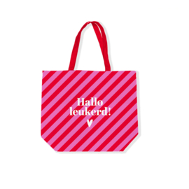 Canvas tas Hallo leukerd! – rood met roze strepen