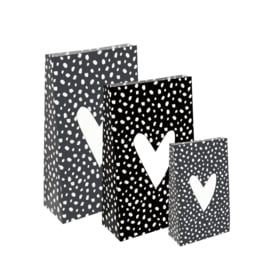 Hartje met confetti dots - zwart/wit - blokbodemzakje