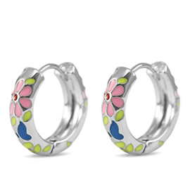 Flower Silver Pink Green Earrings Creolen