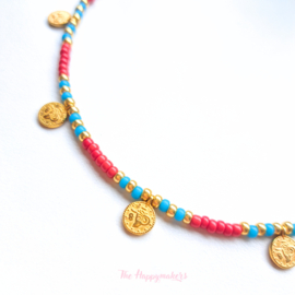 Colorful boho ''coin necklace'' red & blue