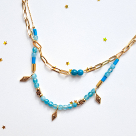 Bead layer necklace''blue stones'' gold