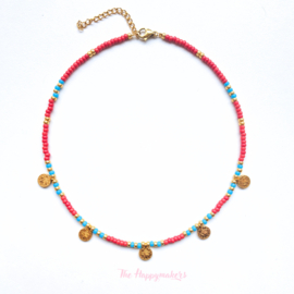 Colorful boho ''coin necklace'' red & blue