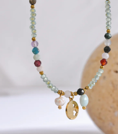 Bead necklace ''mixed gemstones'' gold