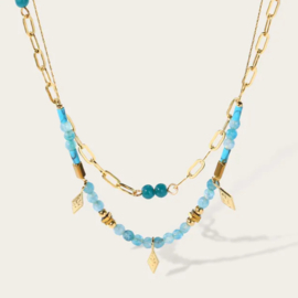 Bead layer necklace''blue stones'' gold