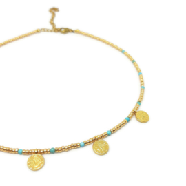 Bohemian beads coin necklace ''turkoois'' gold
