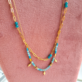 Bead layer necklace''blue stones'' gold