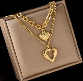 Goudkleurige stainless steel dubbele ketting hart