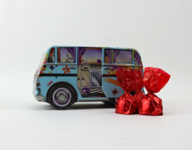 Hippiebus Flower Power - Peace - Love - tinnen blik - cadeau - inhoud netto 200 gram kersenbonbons