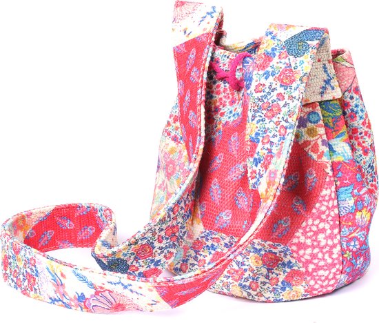 Tas Dames - Bucket Bag met Zomerse Print - Kwastjes - 24x17 cm - Roze - Carnaval Hippie Kostuum