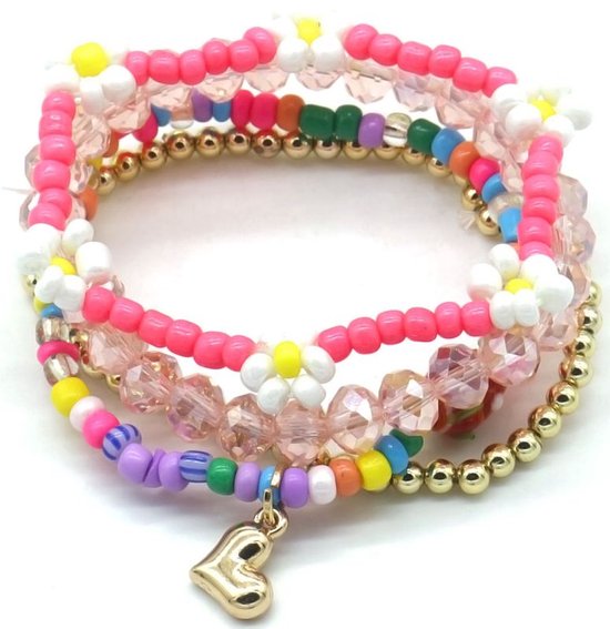 Armbanden - set - armbandenset - accessoire - sieraad - elastiek - multicolor - goudkleurig - kralen - hartje - hip - trendy - tijdloos - accessoire - sieraad - geschenk - cadeau - feest - feestdagen - verjaardag - dames - vrouwen
