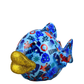 Pomme Pidou -  spaarpot - vis Kelly - M - Blauw met zeedieren