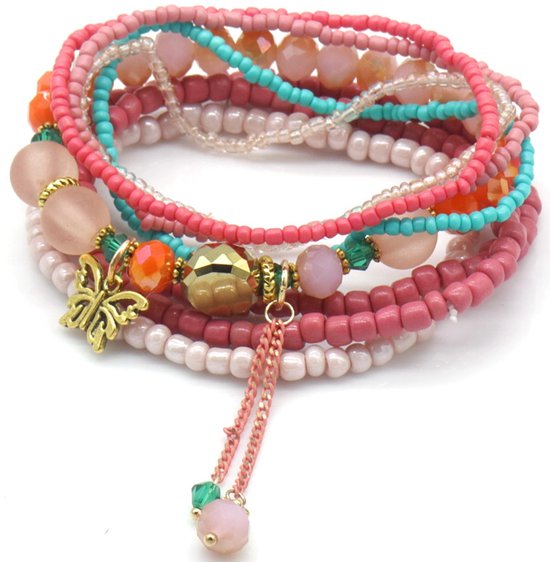 Kralen Armband - Roze - armbandenset - elastiek - multicolor - cadeau - geschenk - verjaardag - feest - feestdagen