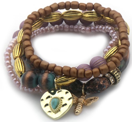 Kralen Armband - Bruin Goud - armbandenset - elastiek - multicolor - cadeau - geschenk - verjaardag - feest - feestdagen