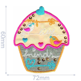 HKM Applicatie muffin vogel en pailletten 72x60mm