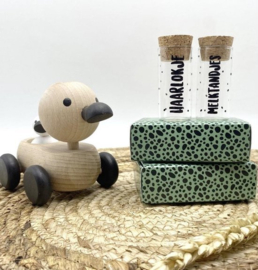 Hippe Kaartjes - Haarlokje en melktandjes buisjes in cadeauverpakking - groen