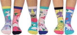 Odd Socks -  Mismatched socks - Cadeau doosjes verschillende sokken - 6 sokken - Unicorn vs Llama - maat 37 tot 42