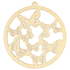 Houten ornament rond vlindertjes 7cm