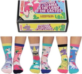 Odd Socks -  Mismatched socks - Cadeau doosjes verschillende sokken - 6 sokken - Unicorn vs Llama - maat 37 tot 42