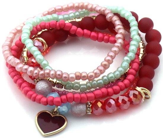 Kralen Armband - Rood/Roze- armbandenset - elastiek - multicolor - cadeau - geschenk - verjaardag - feest - feestdagen