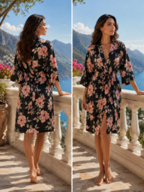 Dames Satijnen Kimono Badjas – Bloemenprint – One Size – Zwart/Roze