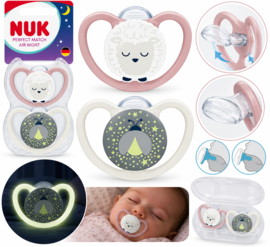 NUK Perfect Match Air Night Fopspenen  – 2 Stuks – Glow in the Dark – Orthodontisch – BPA-vrij – Met Bewaardoos