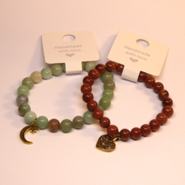 Set van 2 armbanden - goudsteen armband met gouden hart en groene amazoniet armband met gouden maan - edelsteen kralen armbanden met hanger - cadeautip