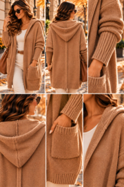 ZOJA Lang Dames Vest met Capuchon – Oversized – Wolmix – Camel / Melkchocolade – One Size