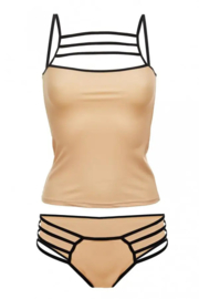 Set van chemise en slipje versierd met bandjes - korte sexy pyjama - verleidelijke shortama - DKaren Alexa - beige