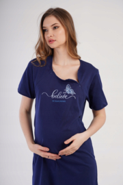 Vienetta zwangerschap nachthemd voor borstvoeding met korte mouwen - 100% katoen, marineblauw | katoenen nachthemd | zwangerschapsnachthemd | comfortabele nachthemd voor borstvoeding.