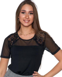 Mooie blouse met uitsnijding op de rug - viscose met kant en tule - zwart- KORTING- SALE