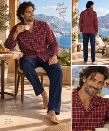 Herenpyjama 100% katoen – Rood geruit – Donkerblauw