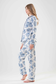 Dames pluche dik warme winterpyjama - wit / blauw