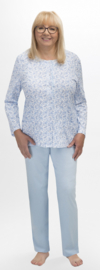 Martel Maria dames pyjama - lange mouwen- wit/lichtblauw- 100 % katoen