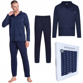 Henderson Zander Katoen Pyjama Heren Volwassenen | Lange Mouw Lange Broek | Winter  Pyama | Marineblauw