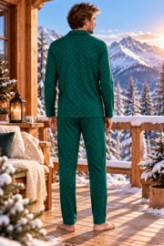 Martel Adam Herenpyjama – 100% Katoen – Donkergroen met Stippen – Lange Pyjama