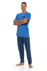 Heren pyjama met korte mouwen en lange broek- blauw-katoen-  korting- sale