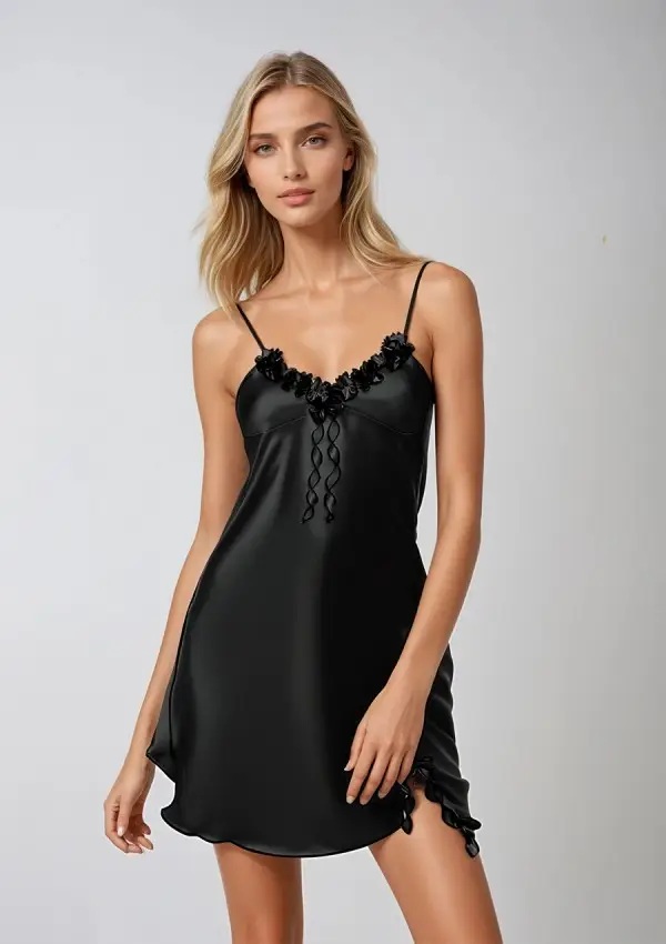 Hoogwardige satijn chemise zwart - Gabi