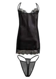 Verleidelijke satijnen chemise met string - kort sexy nachthemd met kant - slipdress met transparante tule - DKaren Delia- zwart