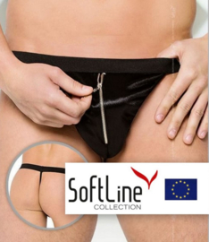 SoftLine Collection - Sexy heren string met sluiting aan de voorkant - zwarte satijn