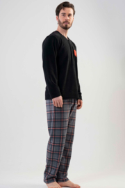 Vienetta | Warme Winter Pyjama |  Heren  | Huispak   Fleece geruite | Lange Mouw Lange Broek | zwart grijs
